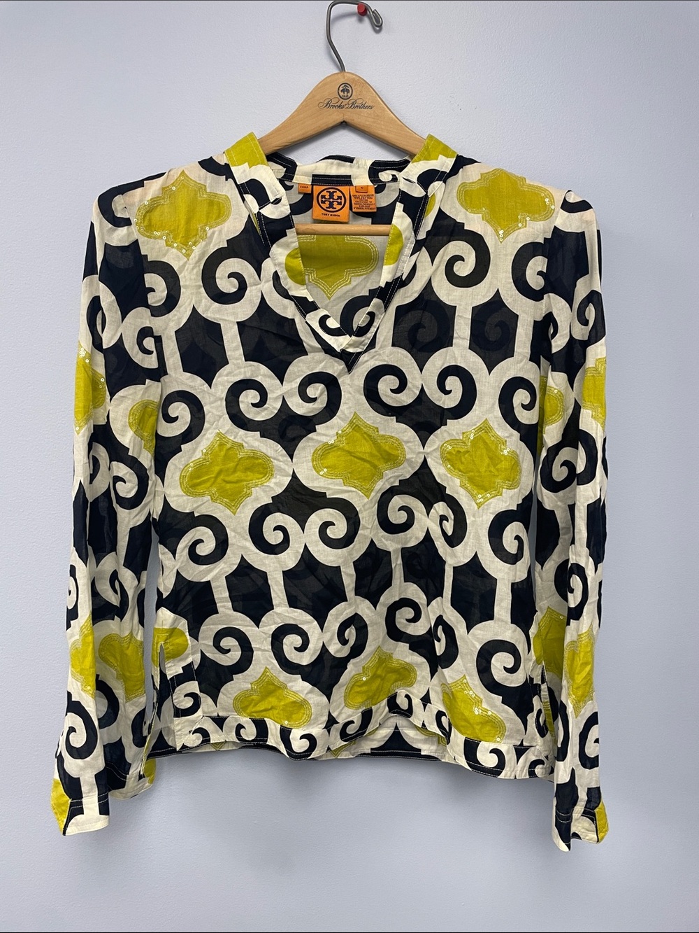 Tory Burch Black, White & Olive Geometric Swirl Long-Sleeve Blouse